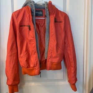 Jacket with gray hoodie attached